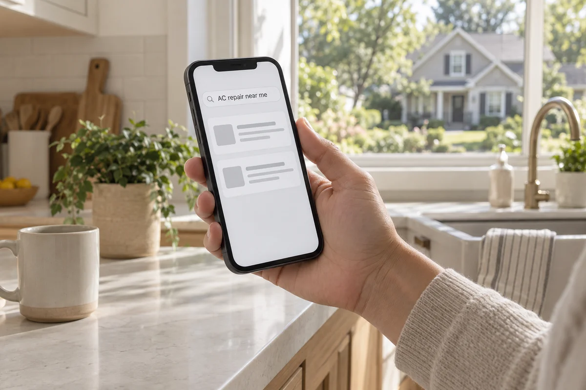 Illustration of a homeowner searching for AC repair on a phone.